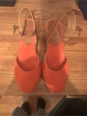 Jigsaw Brand Coral Canvas Espadrille Wedges with Tan Ankle Strap